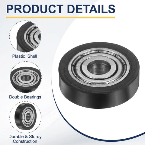 Close-up of 4 Pack Plastic Roller Wheels with Bearings for Conveyor Systems, black plastic shell, double bearings details.
