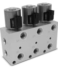 Three Circuit Hydraulic Multiplier Kit With Selector Valve Couplers And Switch Box Control Built For Open Or Closed Or FPC Systems Up To 3000 PSI Anodized Body All Weather Tough Pro Grade Heavy Duty 12V DC Solenoids, visible from side angle.