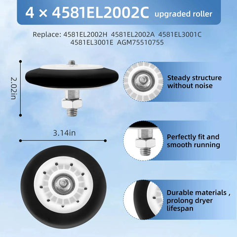 Universal Dryer Roller Kit For LG And Kenmore Models With Drum Roller Belt And Idler Pulley Replacement Fits 4581EL2002L