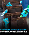 Oil Tanned Leather Tool Pouch With Ten Pockets And Hammer Holder For Carpenters filled with tools, showing double stitching.