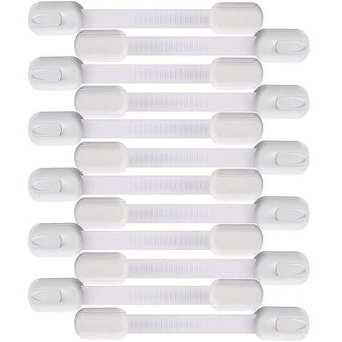12 Pack Multi Use Adhesive Strap Locks For Baby Proofing Cabinets Drawers Fridge Dishwasher Toilet Seat Cupboard Oven And Trash Can No Drilling Easy Install Kid Safe shown in white.