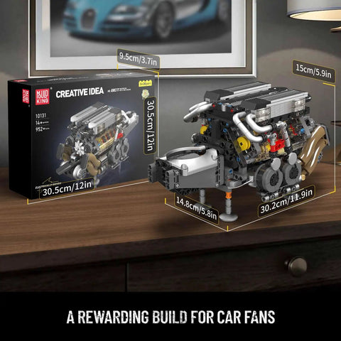 W16 Engine Building Kit That Lets You Build Your Own 16-Cylinder V8 Power, Turbocharged STEM Car Engine Model with box and dimensions