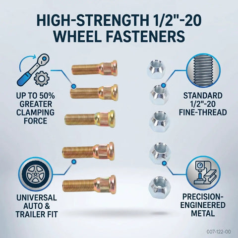 Hot Rodding Complete Wheel Studs Kit For 5 Lug Cars featuring 1/2 In-20 Thread, Fits Trailer Hubs With Heavy Duty Lug Nuts And Bolts For Ultimate Grip, 5 steel studs and nuts