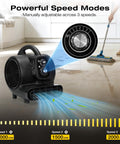 Air Mover Blower Fan 2000 CFM, One Third HP Workhorse Carpet Dryer on floor with speed settings dial and airflow visualization