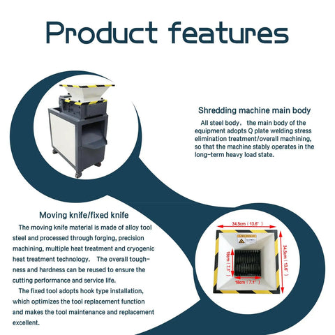 Product features of Heavy Duty 220V Industrial Dual Shaft Shredder With 21 Pc 9CrSi Alloy Blades 1.5KW Motor highlighted.