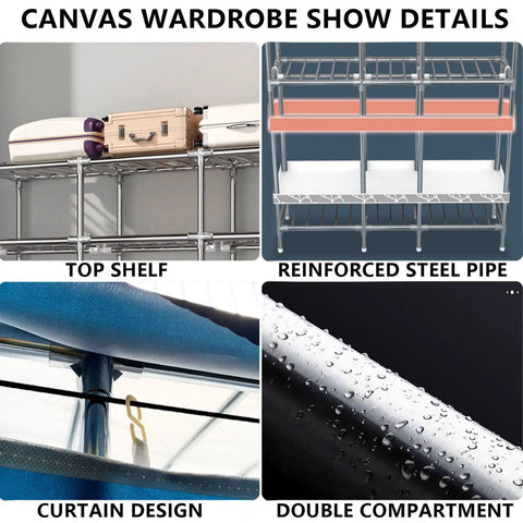 Heavy Duty Portable Canvas Wardrobe With Spacious Hanging Rail And Sturdy Shelves For Roomy Bedroom Closet Storage Organizer With Zero Drama Fabric Cover Setup top shelf, reinforced steel pipe, curtain design, double compartment details
