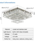 16 Inch LED Chandelier Square Crystal Flush Mount Ceiling Light Fixture with stainless steel and raindrops