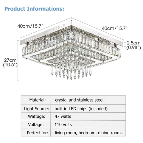 16 Inch LED Chandelier Square Crystal Flush Mount Ceiling Light Fixture with stainless steel and raindrops