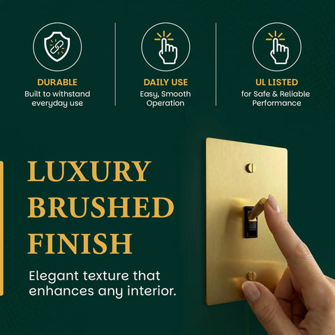 Heavy Duty Solid Brass And Steel Toggle Light Switch 1 Gang Kit With Gold Finish Wall Plate UL Listed depiction of toggle