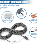 36ft gray power cord replacement for Navigator Lift-Away Pro and Rotator vacuums, 125V 12A, anti-stretch, polarized plug