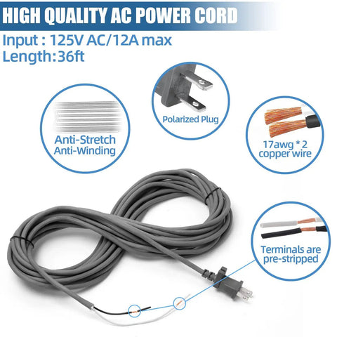 36ft gray power cord replacement for Navigator Lift-Away Pro and Rotator vacuums, 125V 12A, anti-stretch, polarized plug
