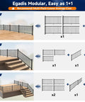 Modular Aluminum Deck Railing Kit showing corner, stair, and other configurations for decks and patios.