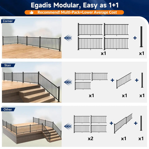 Modular Aluminum Deck Railing Kit showing corner, stair, and other configurations for decks and patios.