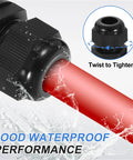 Close-up of Five Piece G Half Inch Nylon Cable Glands Waterproof Cord Grip with water splashes to show waterproof performance.