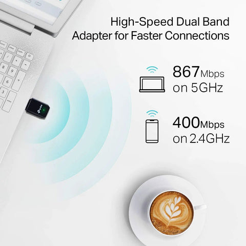AC1300 USB WiFi Adapter Archer T3U Dual Band Wireless Dongle for PC showing signal improvement and coffee cup on table