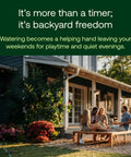 Family enjoying a sunny afternoon on porch, Electronic Digital Hose End Timer Battery Powered Three Quarter Inch visible