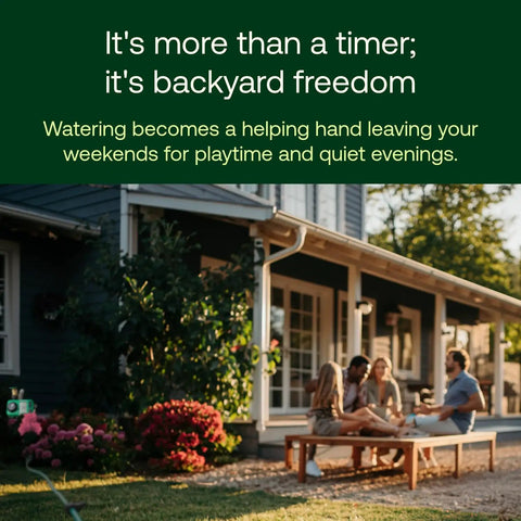 Family enjoying a sunny afternoon on porch, Electronic Digital Hose End Timer Battery Powered Three Quarter Inch visible