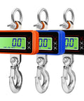 Digital Crane Scale With 3300 Lbs Capacity Heavy Duty Weighing Tool, featuring orange, blue, and black displays.