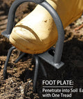 Manual Garden Tiller And Cultivator With Heavy Duty Garden Claw featuring anti-slip foot plate in soil close-up