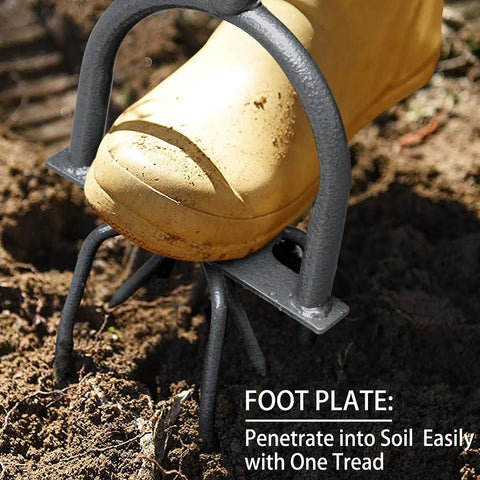 Foot pressing down on anti-slip foot plate of Hand Tiller Garden Claw Set With Garden Twist Tiller And Small Soil Tiller for easy soil penetration.