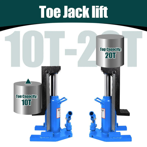 Heavy Duty Twenty Ton Toe Jack With Adjustable Height Rack And Dual Lifting Power For Crushing Through Tight Garage Spots, displaying 10T-20T capacity.