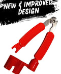 3-in-1 guitar tool with red handles: string winder, string cutter, and bridge pin puller.