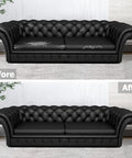 Before and after using Leather Repair Patch 24 By 54 Inch Self Adhesive Leather Tape Large Vinyl Patch Kit for Couches Car Seats Chairs and Furniture Black Durable Scratch Resistant Waterproof Go To Quick Fix on black couch.