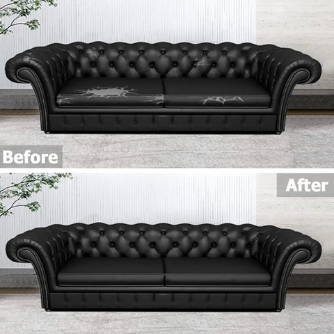 Before and after using Leather Repair Patch 24 By 54 Inch Self Adhesive Leather Tape Large Vinyl Patch Kit for Couches Car Seats Chairs and Furniture Black Durable Scratch Resistant Waterproof Go To Quick Fix on black couch.