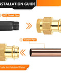 Installation guide showing 10 Pack Lead Free Brass Union Couplings 2 Inch Copper Press To Female Npt Pipe Connectors with pipes.