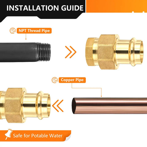 Installation guide showing 10 Pack Lead Free Brass Union Couplings 2 Inch Copper Press To Female Npt Pipe Connectors with pipes.