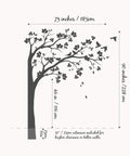 Large Corner Tree Wall Decal With Blossoms Birds And Leaves For Nursery And Baby Room Wall Art Sticker Mural Leaning Right Black And White Matte Finish Vinyl Easy Apply showing dimensions 73x90 inches