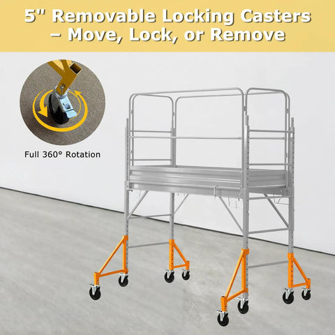 5" removable locking casters on heavy duty scaffold outriggers four pack with five inch lock casters built for Baker style frames.