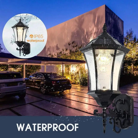 Solar Powered Outdoor Wall Lantern Wireless Dusk To Dawn Light 21 Inch LED Wall Sconce with waterproof design at night