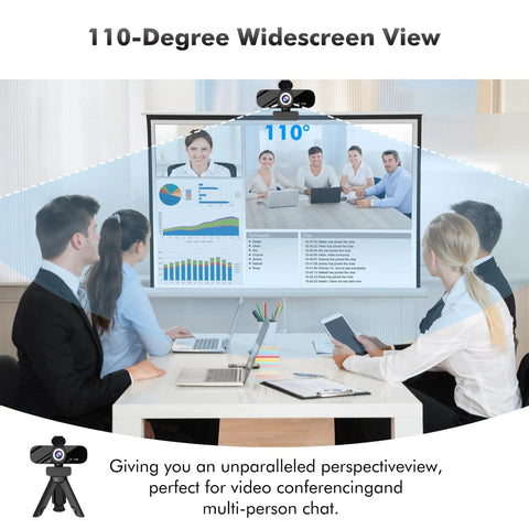 Straight Fire 1080P Full Hd Webcam With Built In Noise Cancellation Mic And Wide Angle Lens Auto Light Boost For Dope Gaming Streams And Killer Video Calls On Pc Mac Desk, showing 110-degree view during a video call.
