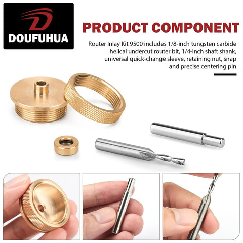 Inlay Bushing Kit 9500 Replacement For Solid Brass Router Inlay Kit with 1/4 Inch Bit, 9/16 Inch Bushing components displayed.