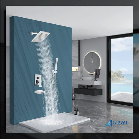 Rainfall Shower System With 8 Inch Polished Chrome Shower Head, Tub Filler, Handheld Sprayer, Wall Mount Mixer in bathroom
