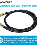 HVAC vacuum hose, 5 ft, 3/8 in diameter, black with brass fittings, compatible with refrigeration and A/C equipment.