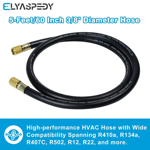 HVAC vacuum hose, 5 ft, 3/8 in diameter, black with brass fittings, compatible with refrigeration and A/C equipment.