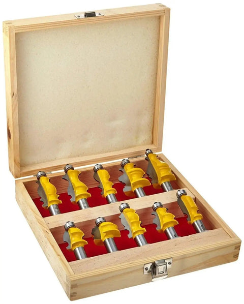 Top Shelf Half Inch Shank Router Bit Set featuring Architectural Molding and Handrail Profiles in a wooden case.