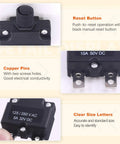 DC Push Button Reset Circuit Breaker Kit 30 Piece Assortment With Waterproof Button Caps And Quick Connect Terminals, details shown