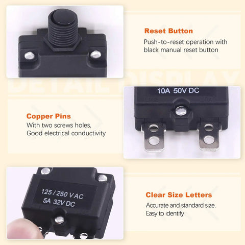DC Push Button Reset Circuit Breaker Kit 30 Piece Assortment With Waterproof Button Caps And Quick Connect Terminals, details shown