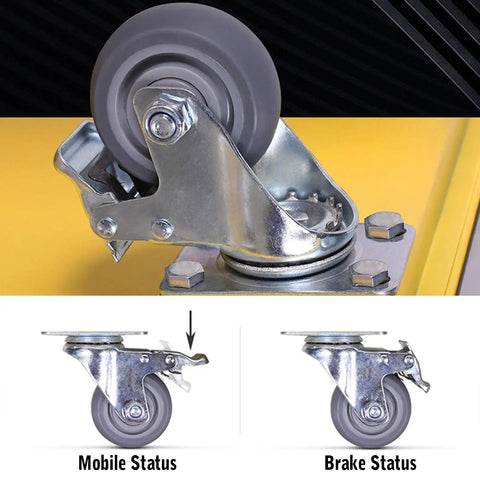 3 Tier Rolling Tool Cart With 660 Lb Capacity, Heavy Duty Steel Utility Cart On Wheels, Pegboard With 15 Hooks, Built Tough For Garage, Warehouse And Workshop, Bright Yellow caster wheel brake close-up