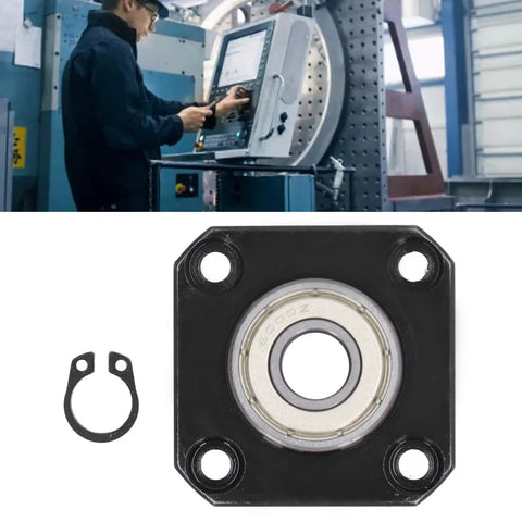 Beefy FF12 End Bearing Block in carbon steel, 12mm inner diameter, for SFU1605 SFU1204, shown with CNC milling setup