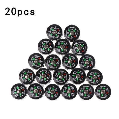 Mini Pocket Button Survival Compasses 20 Piece Set shown in pyramid shape, liquid-filled for stable readings, ideal for hiking and camping.