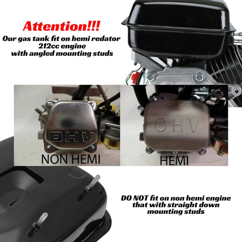Gas Tank Replacement 0.81 Gallon For Predator 212cc engine compatibility notice with hemi and non-hemi engine images.