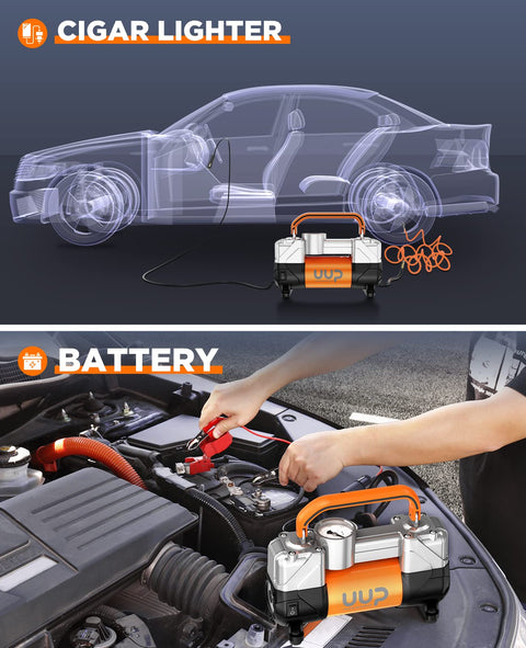 Beefy Heavy Duty 12V DC Double Cylinder Tire Inflator Air Compressor in car and battery connection setup