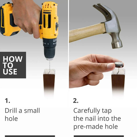 Installation steps for Nail On Felt Pads Set 40 Pieces 0.8 Inch Furniture Pads with drill and hammer on wood surface