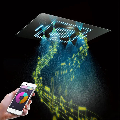 Premium Thermostatic Shower System With LED Strip And Bass Boost Music, Badass Black 6-Way Rain Shower Combo, Ceiling Mount Rainhead showing LED lights and music notes.