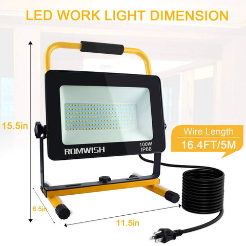 Work Light With Stand 100W 10000LM Portable Construction Flood Light With 2 Brightness Modes 50W 5000LM IP66 Waterproof