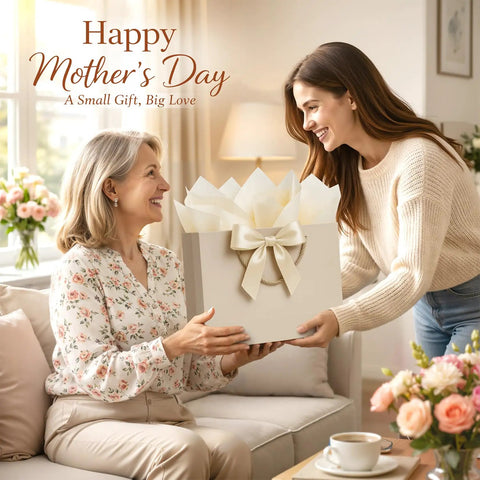 Two women exchanging a gift bag with ribbon and tissue papers on Mother's Day, with focus on the aesthetic gift presentation.